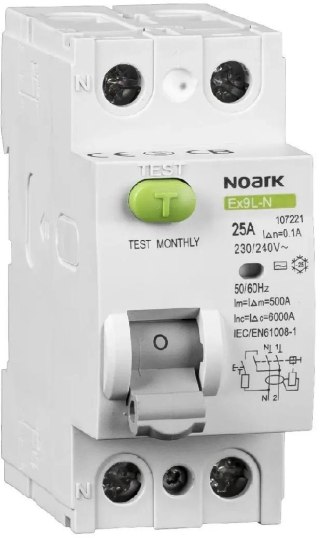 WYŁĄCZNIK RÓŻNICOWOPRĄDOWY, 6 KA, 25A, 30MA, 2P TYP AC EX9L-N Noark 108314